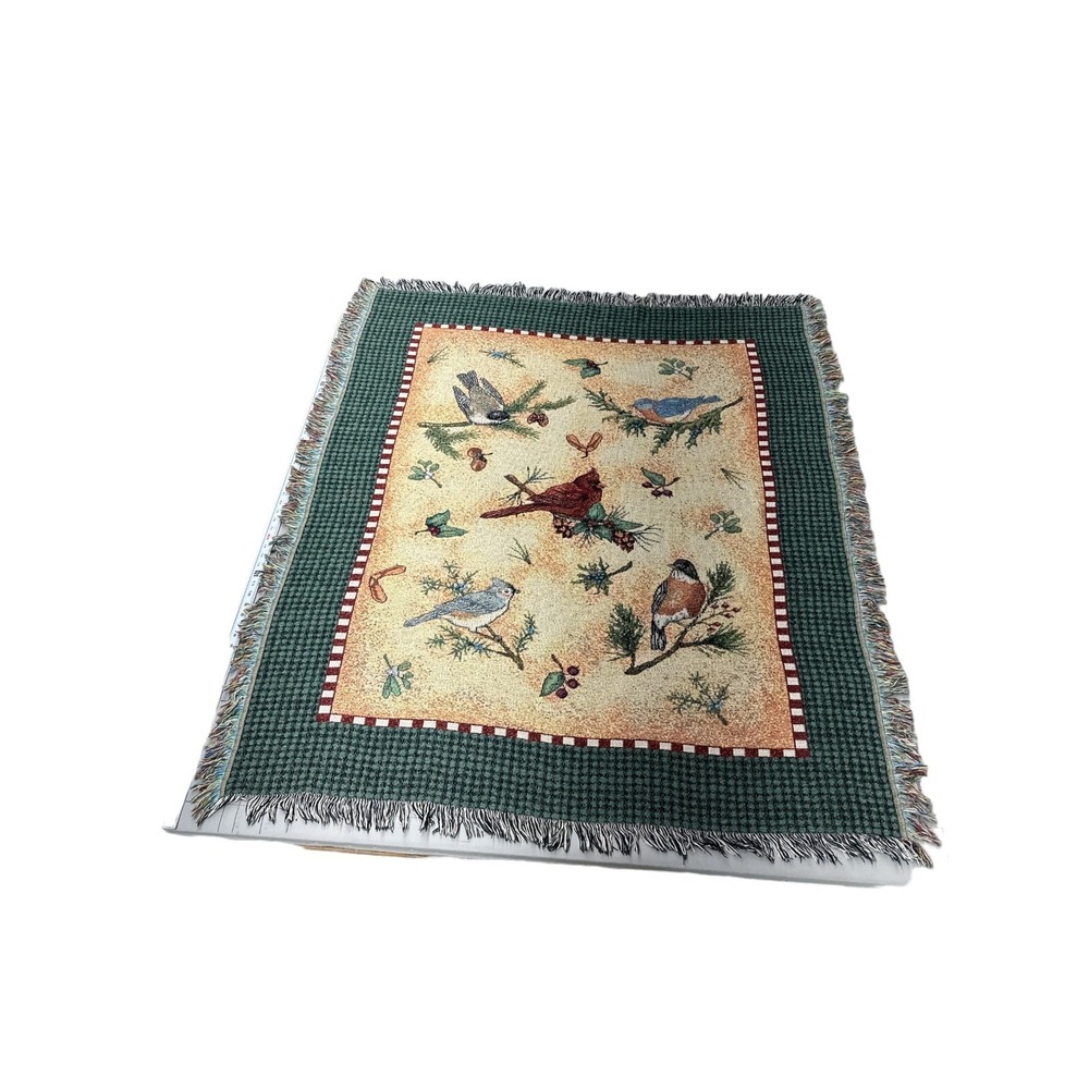 Country Cabin Bird tapestry Warm Throw Blanket 55.5x63 w/ Fringe Woodland Birds